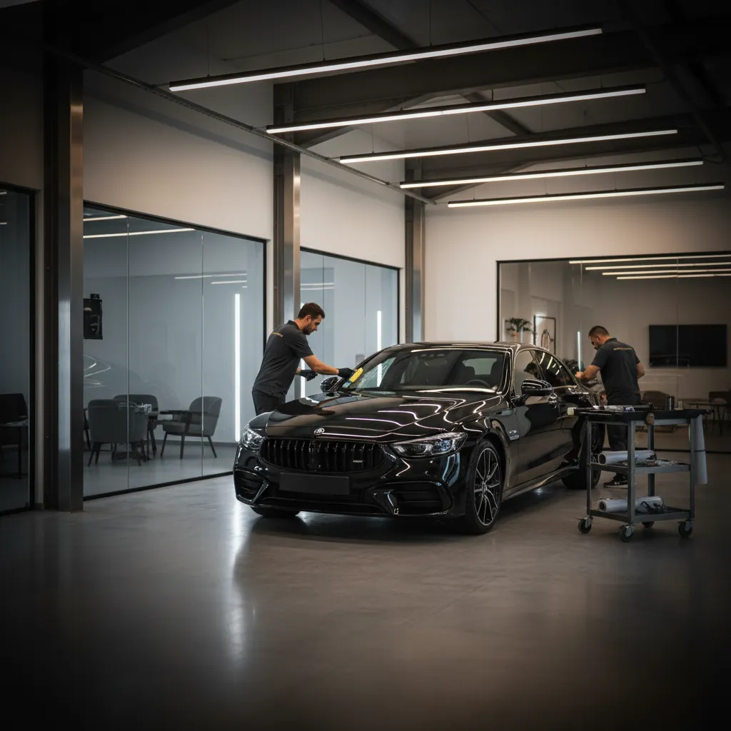 Premium ceramic window tinting installation on a luxury vehicle