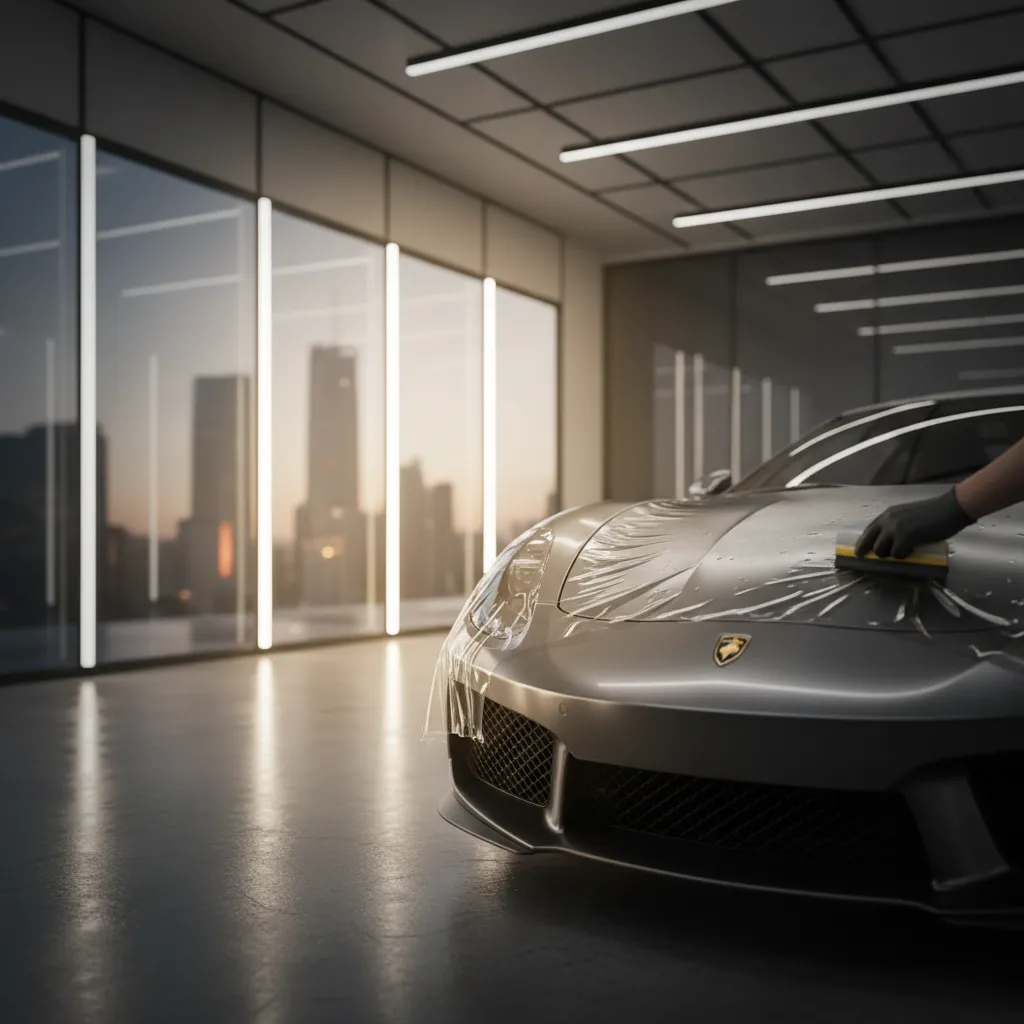 XPEL paint protection film being professionally installed on a luxury vehicle